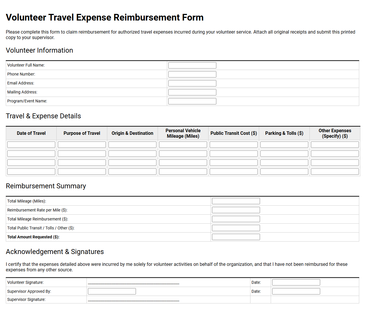 Volunteer Travel Expense Reimbursement Form