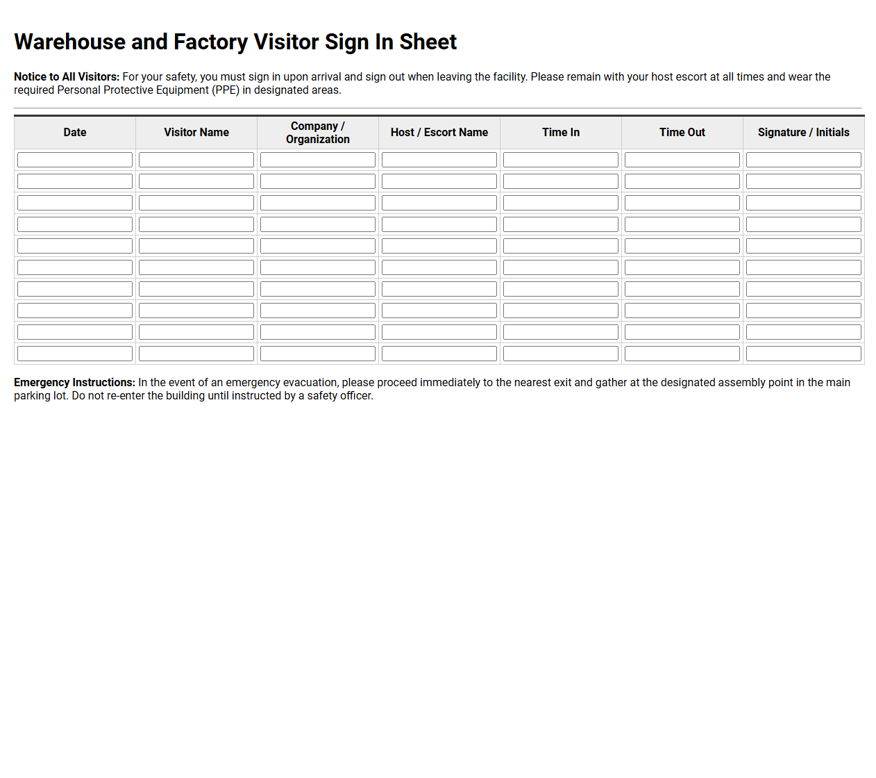Warehouse and Factory Visitor Sign In Sheet