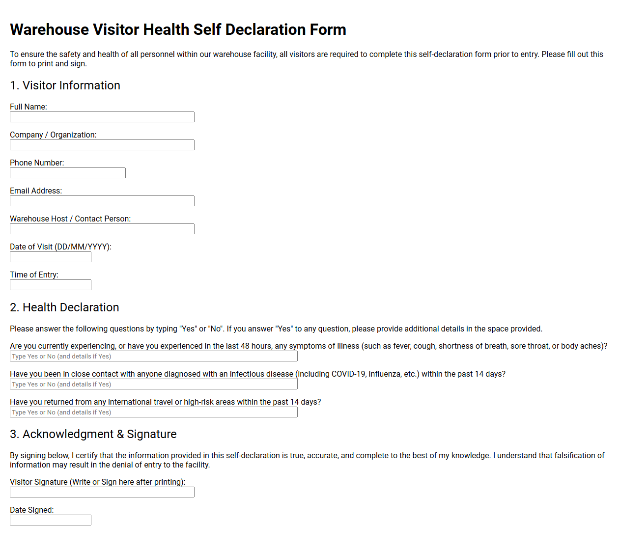 Warehouse Visitor Health Self Declaration Form