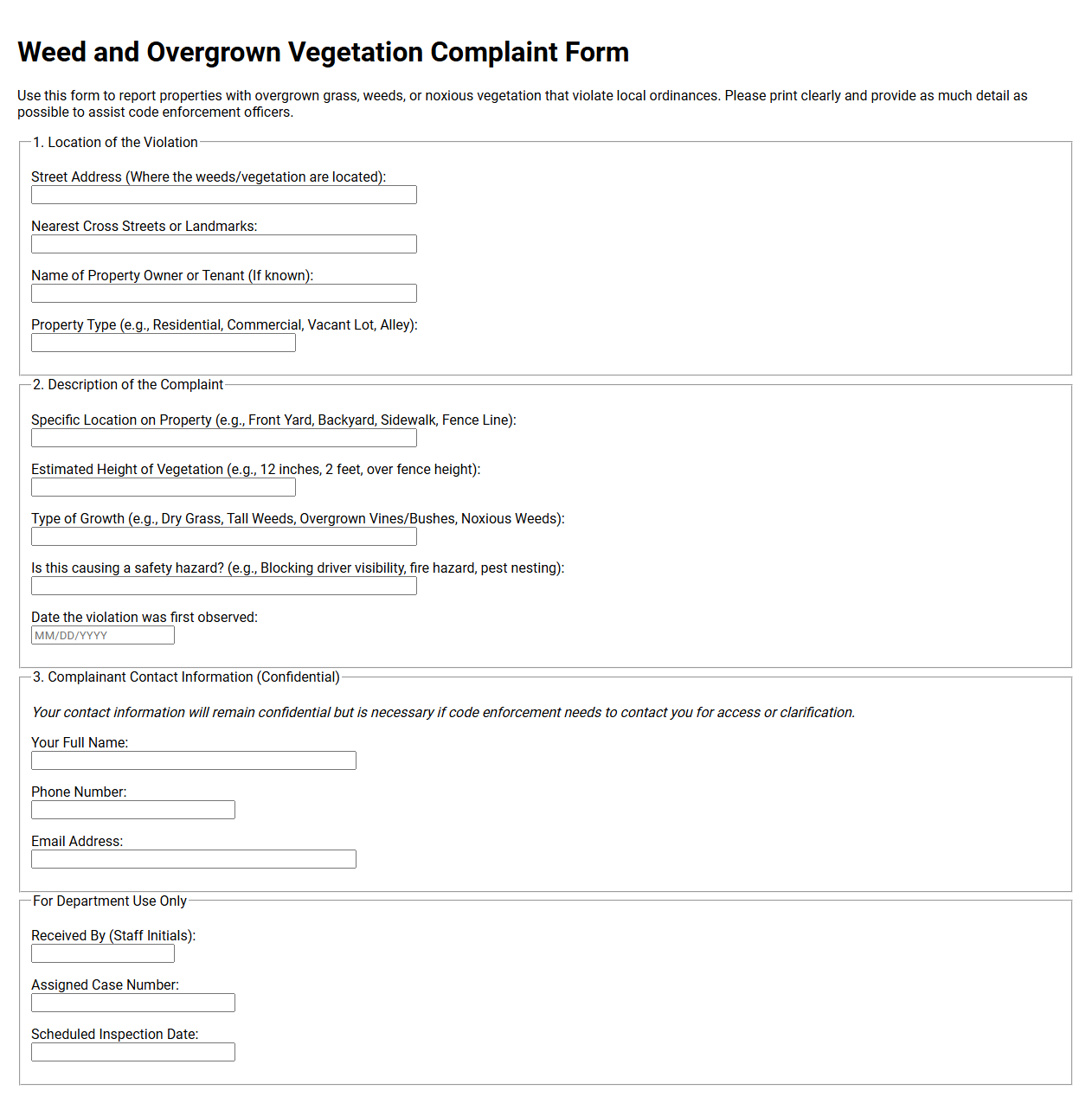 Weed and Overgrown Vegetation Complaint Form