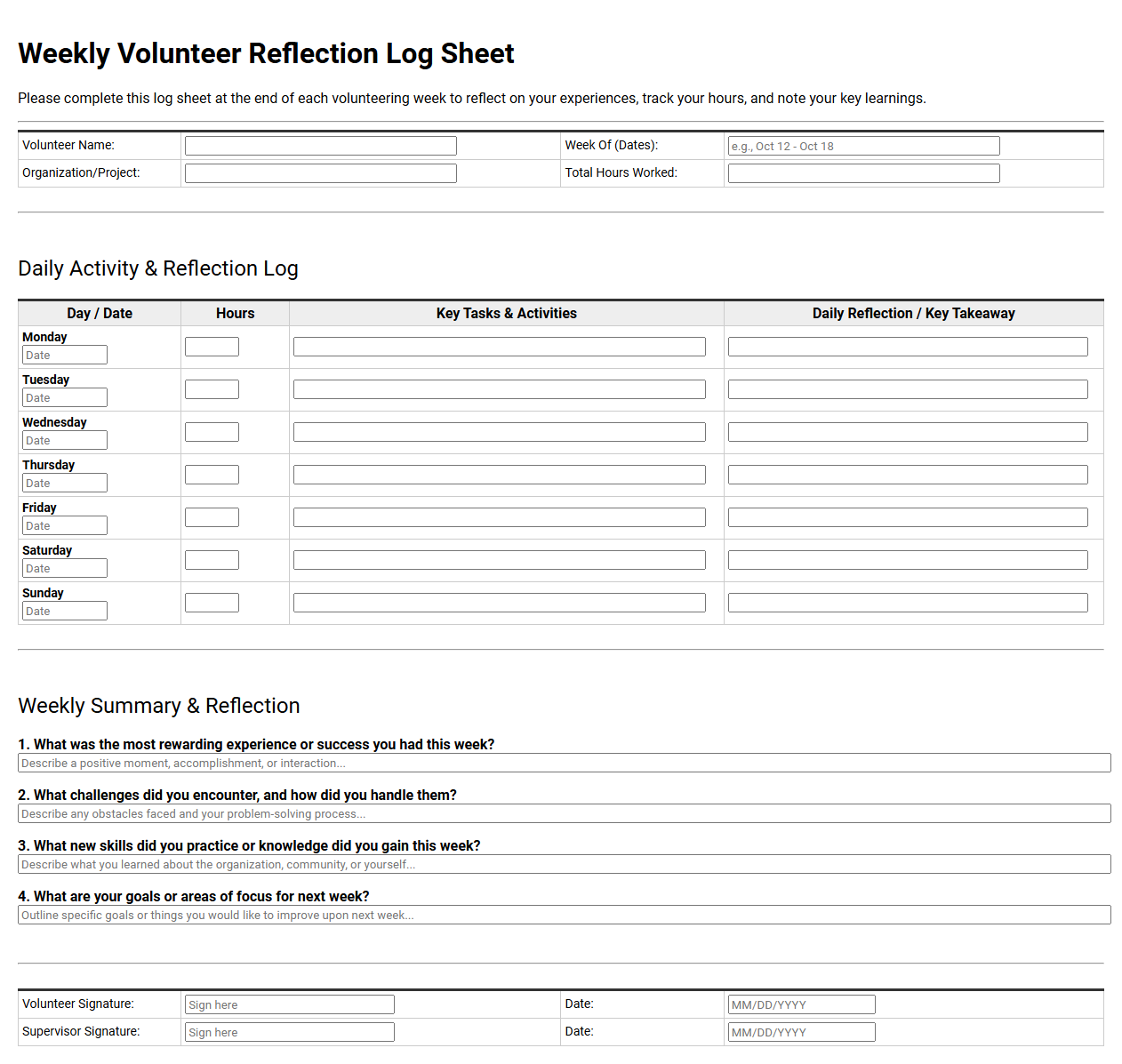 Weekly Volunteer Reflection Log Sheet