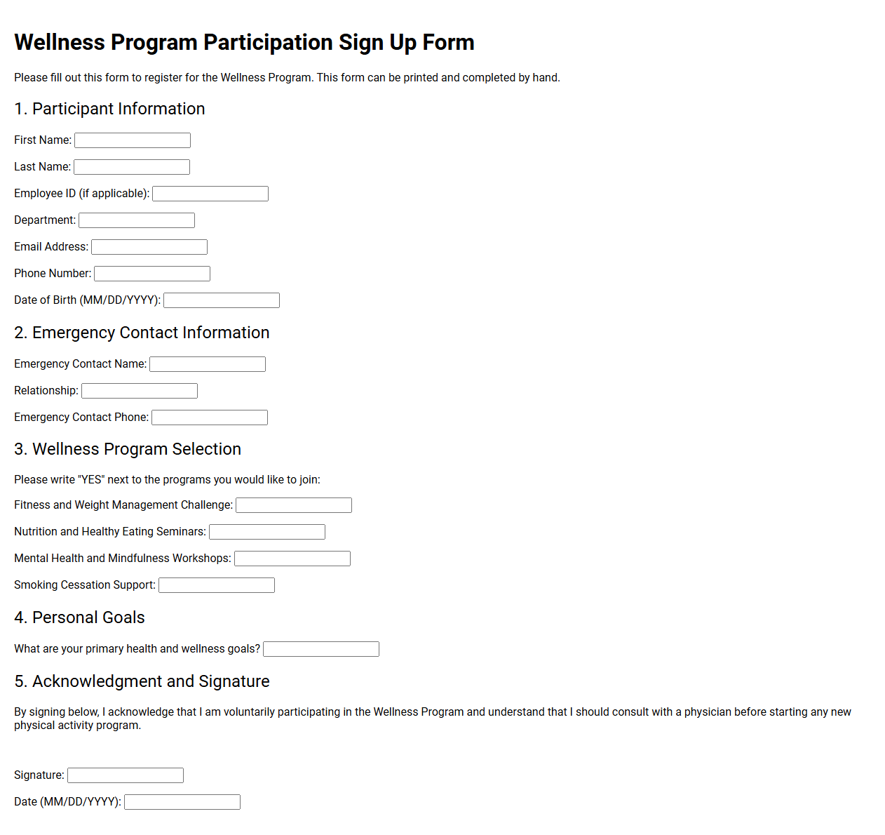 Wellness Program Participation Sign Up Form