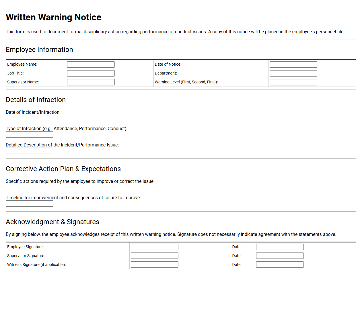 Written Warning Notice Form Template
