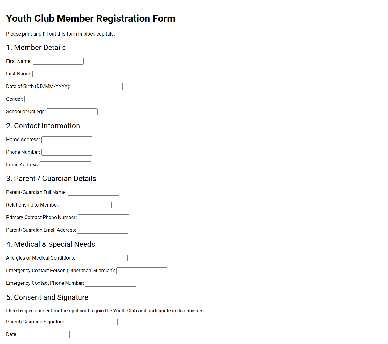 Youth Club Member Registration Form