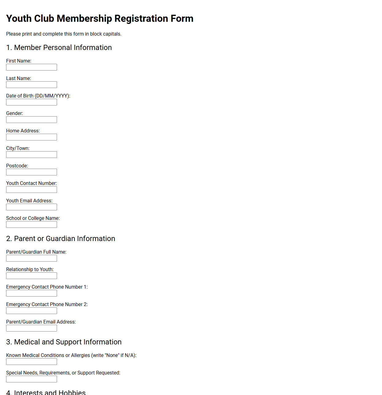 Youth Club Membership Registration Form