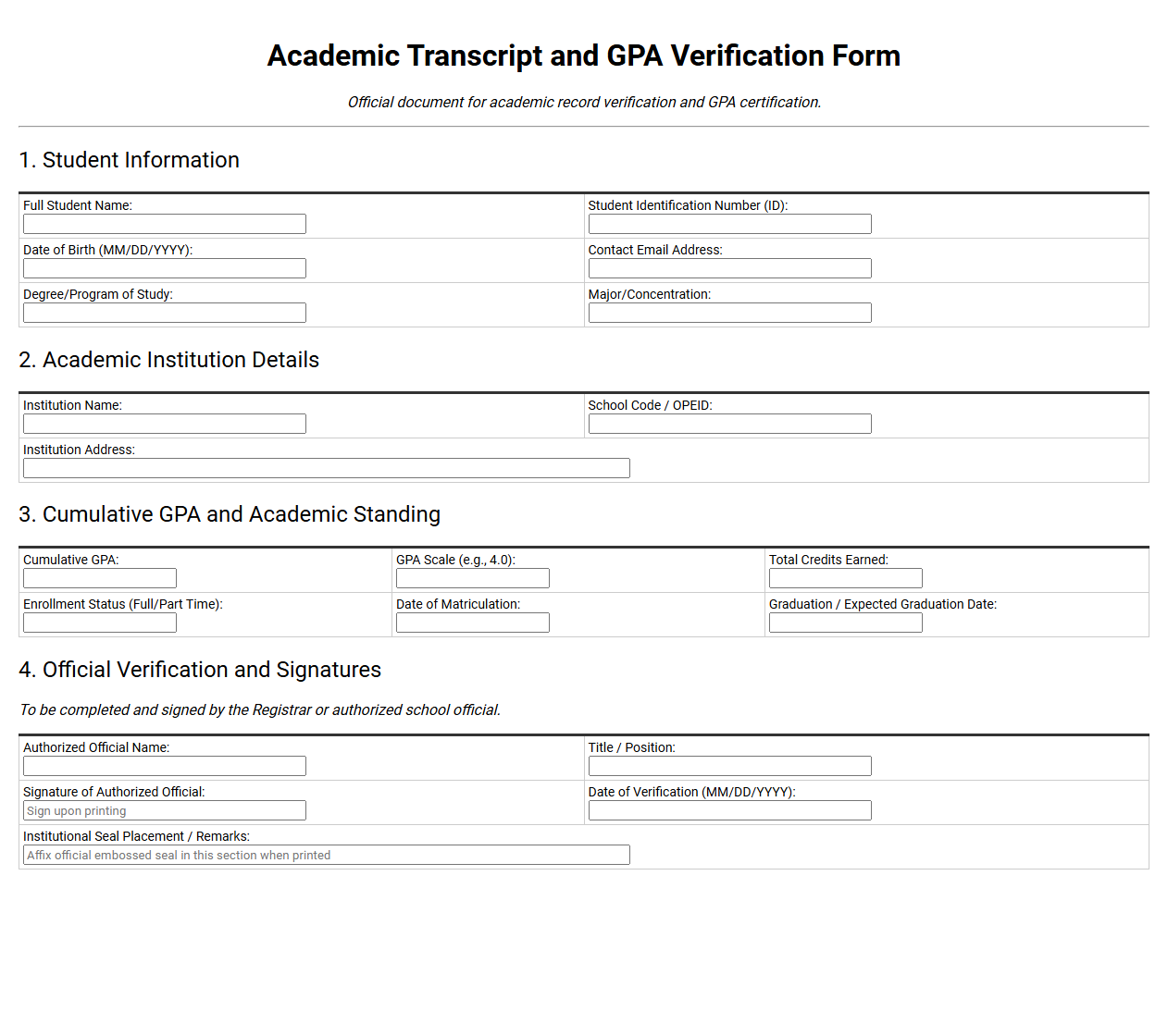 Academic Transcript and GPA Verification Form