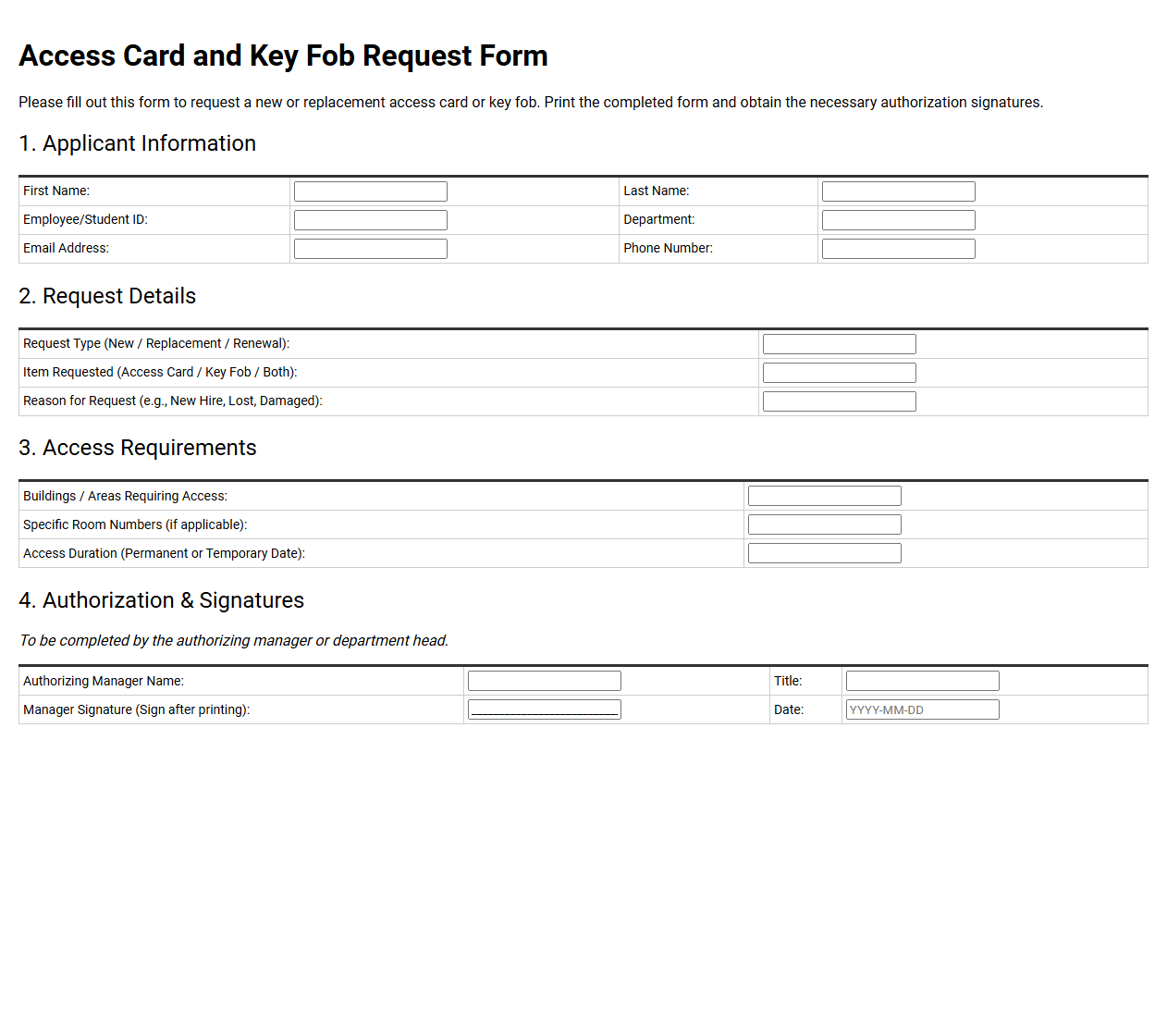 Access Card and Key Fob Request Form