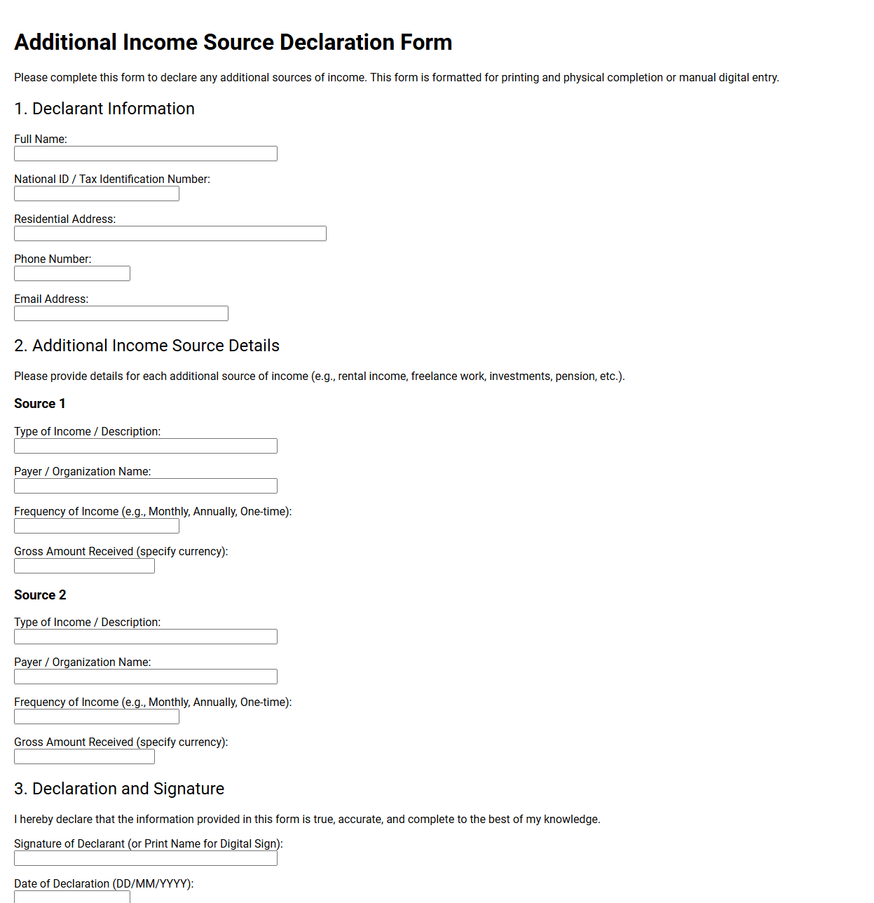 Additional Income Source Declaration Form
