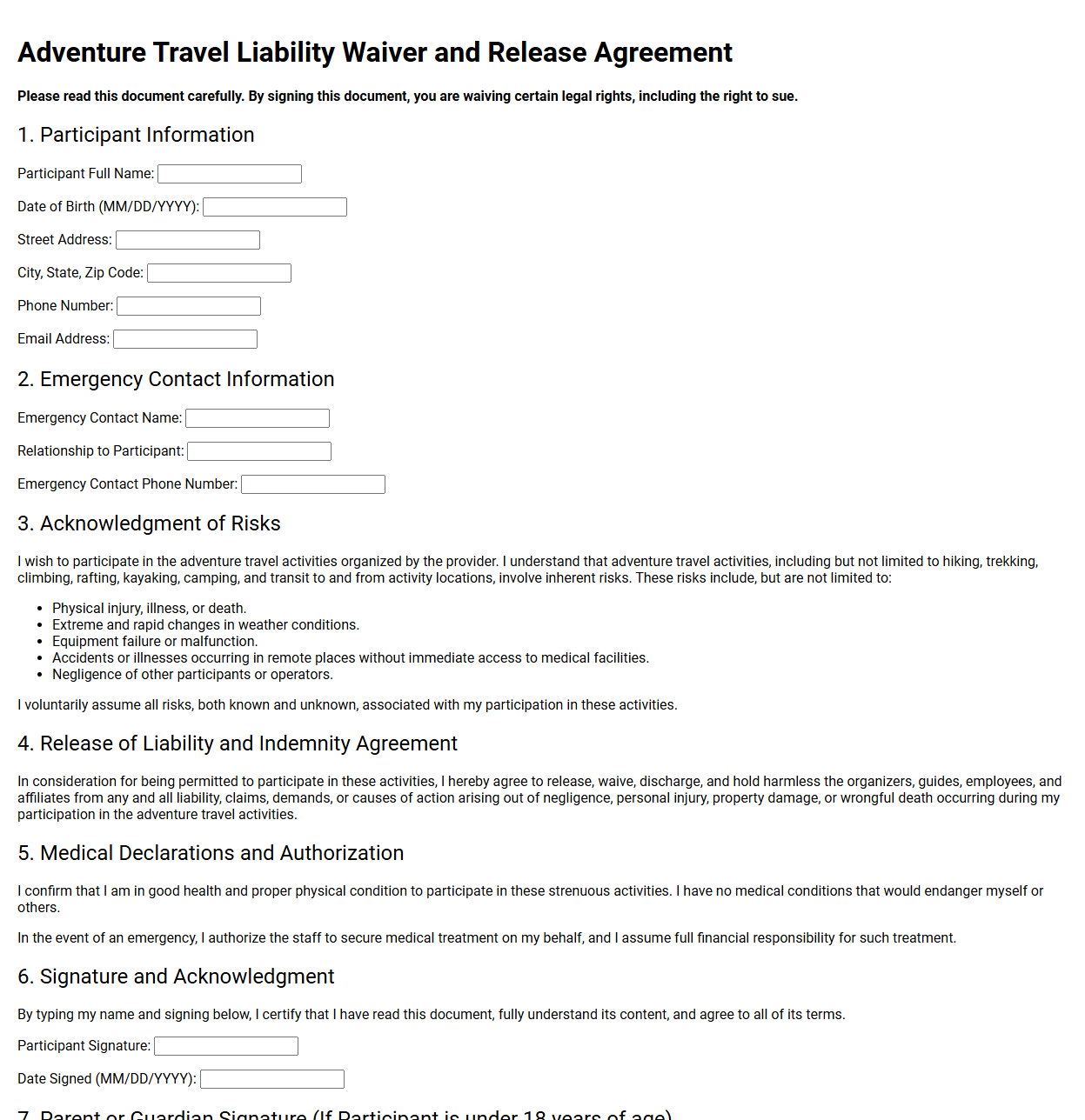 Adventure Travel Liability Waiver Template