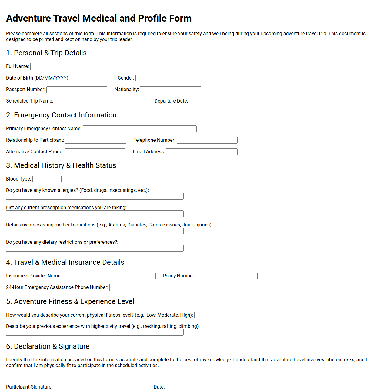 Adventure Travel Medical and Profile Form