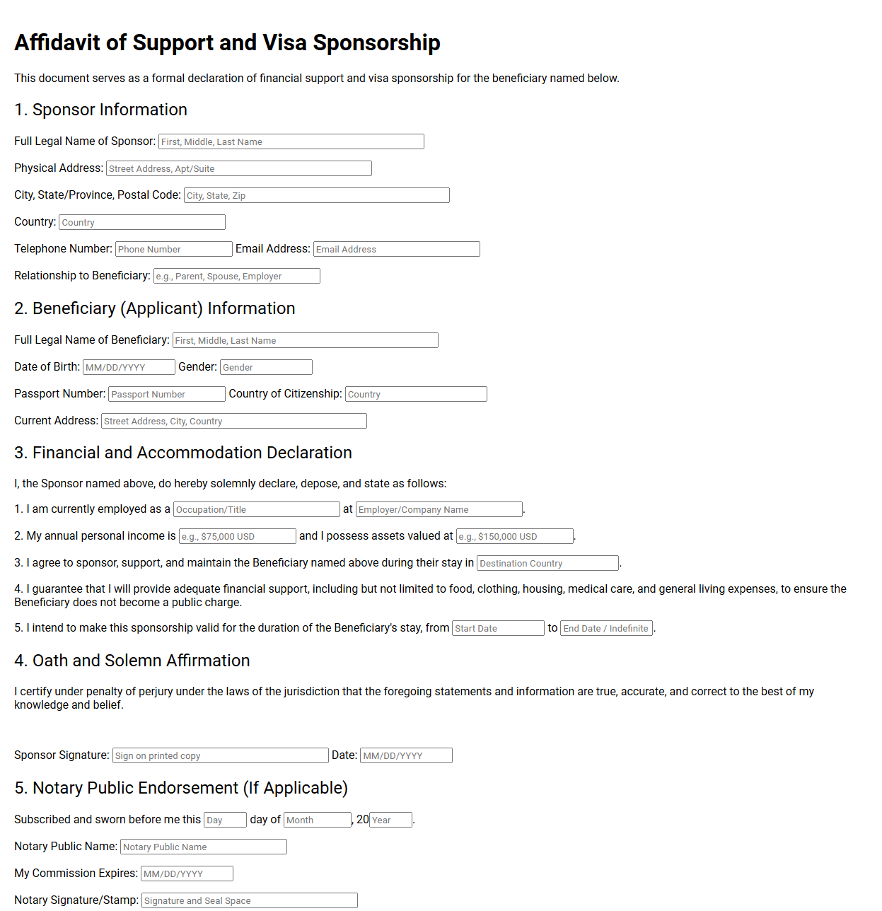 Affidavit of Support and Visa Sponsorship Template