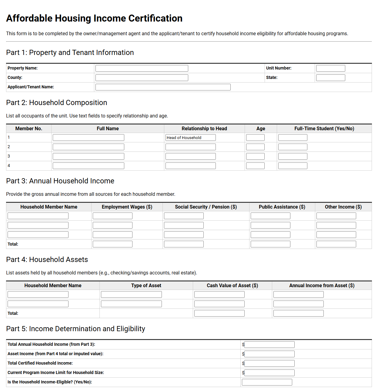 Affordable Housing Income Certification Template
