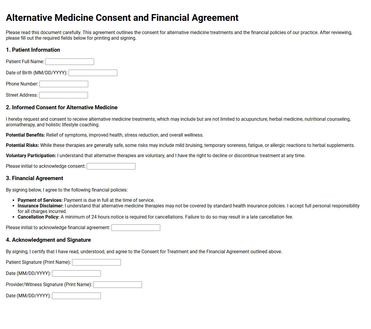 Alternative Medicine Consent and Financial Agreement