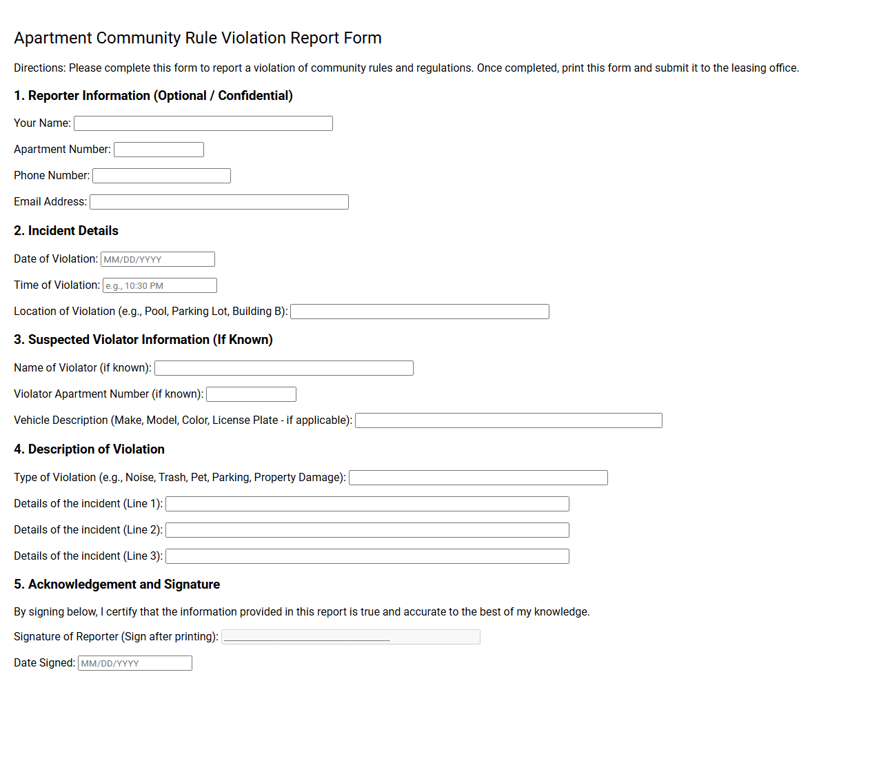 Apartment Community Rule Violation Report Form