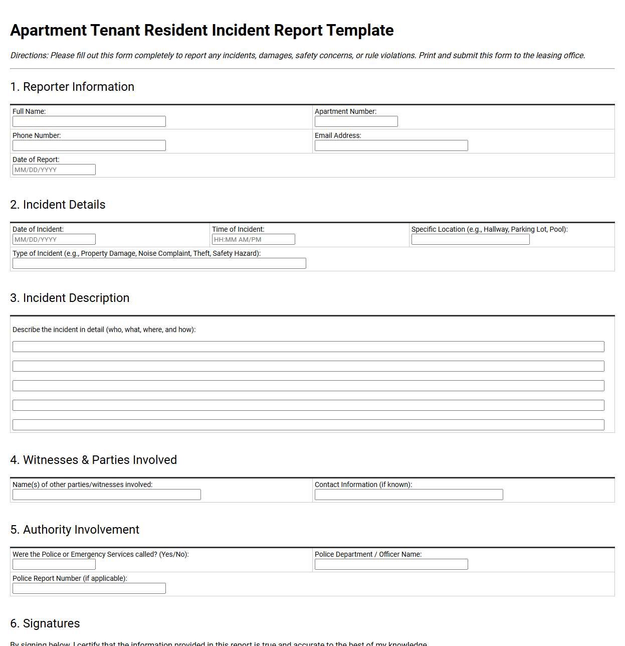 Apartment Tenant Resident Incident Report Template