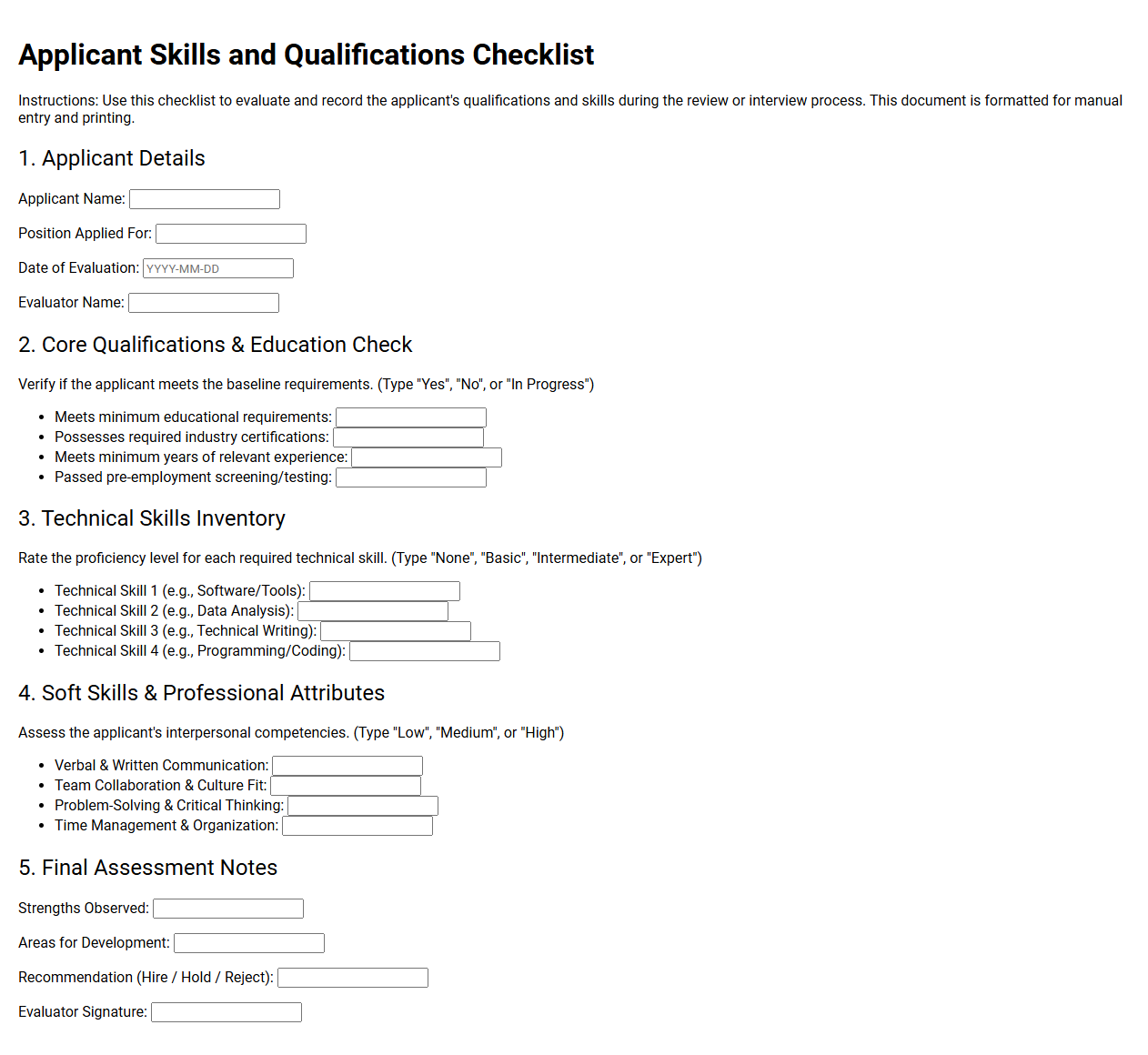Applicant Skills and Qualifications Checklist