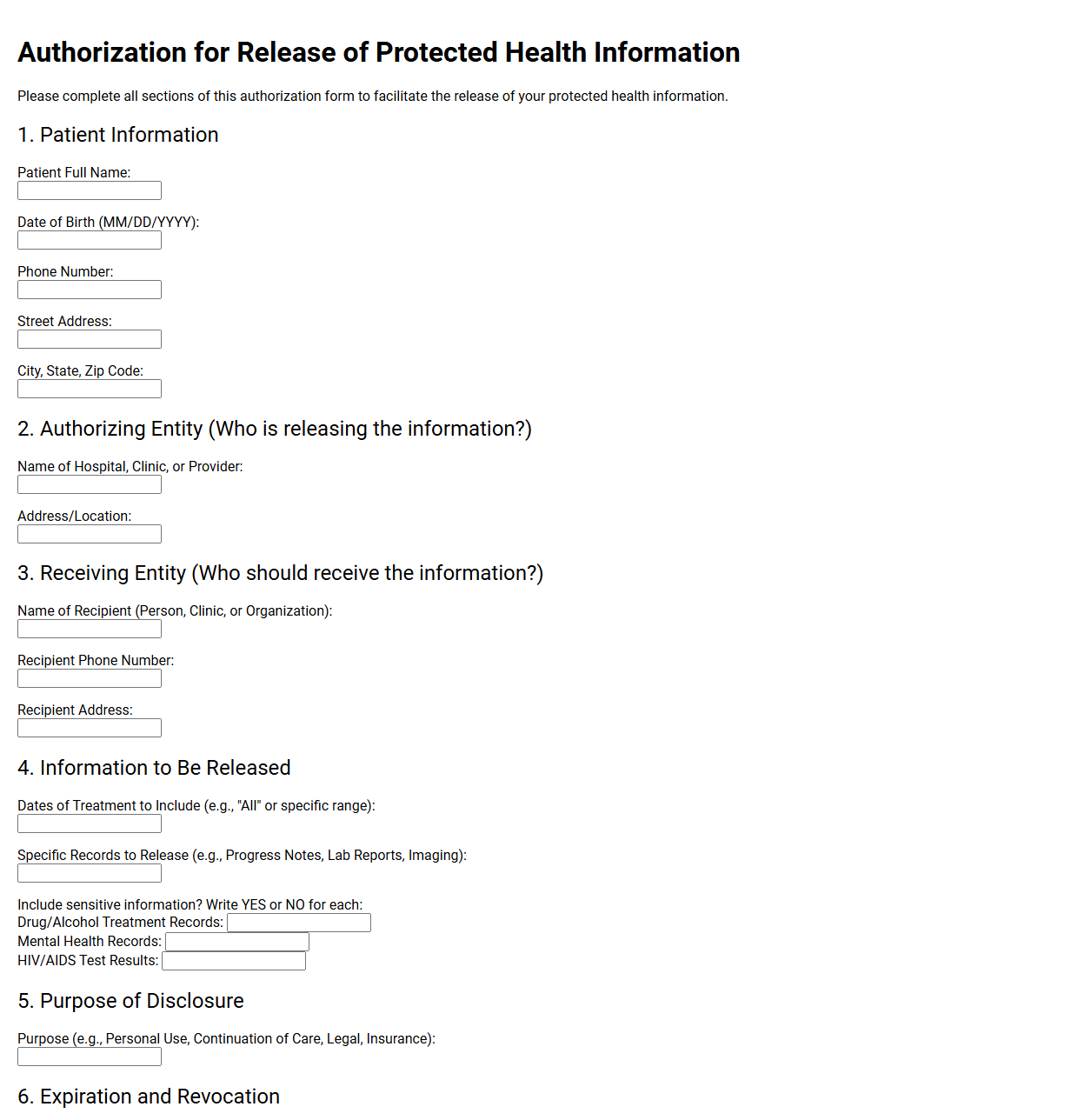Authorization for Release of Protected Health Information