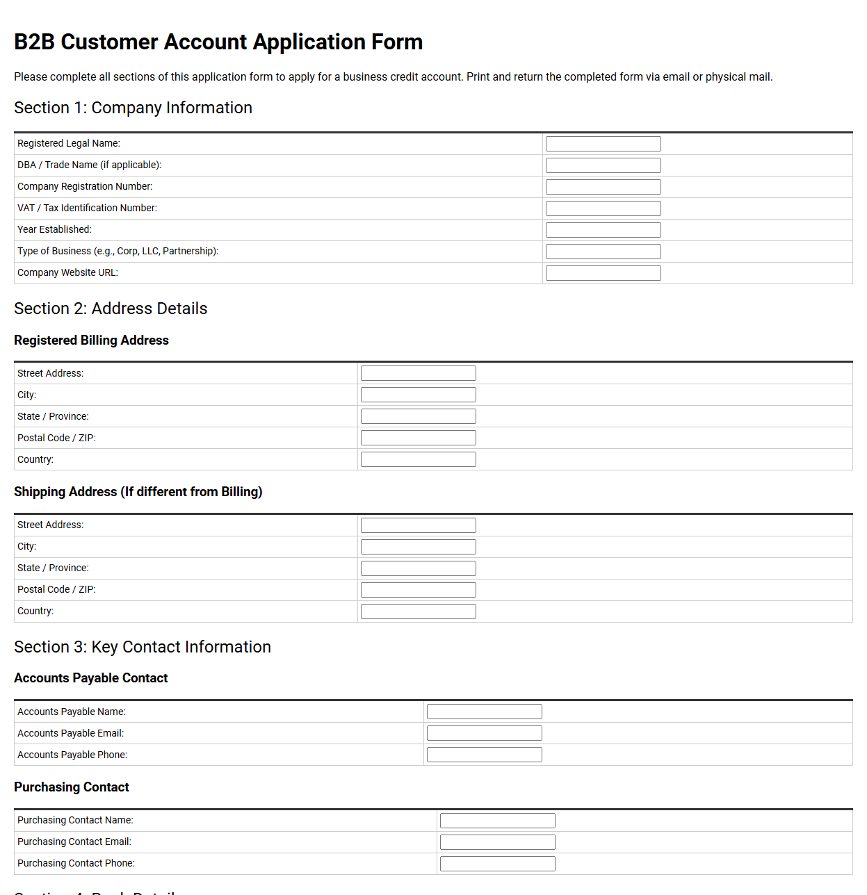 B2B Customer Account Application Form