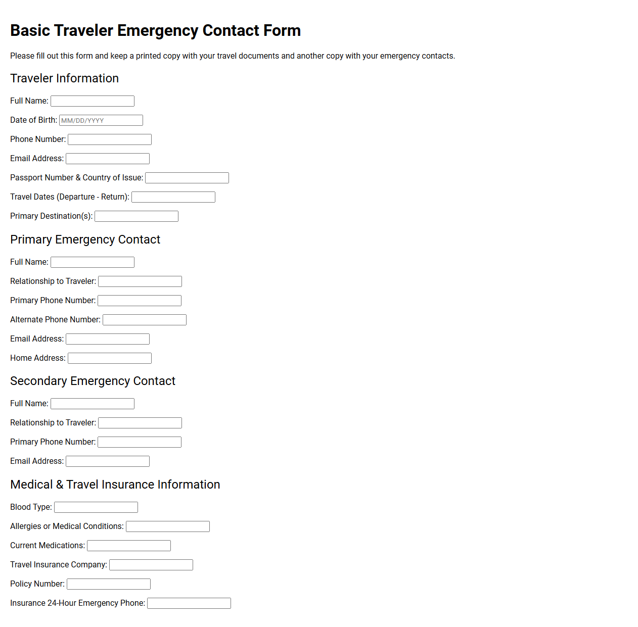 Basic Traveler Emergency Contact Form