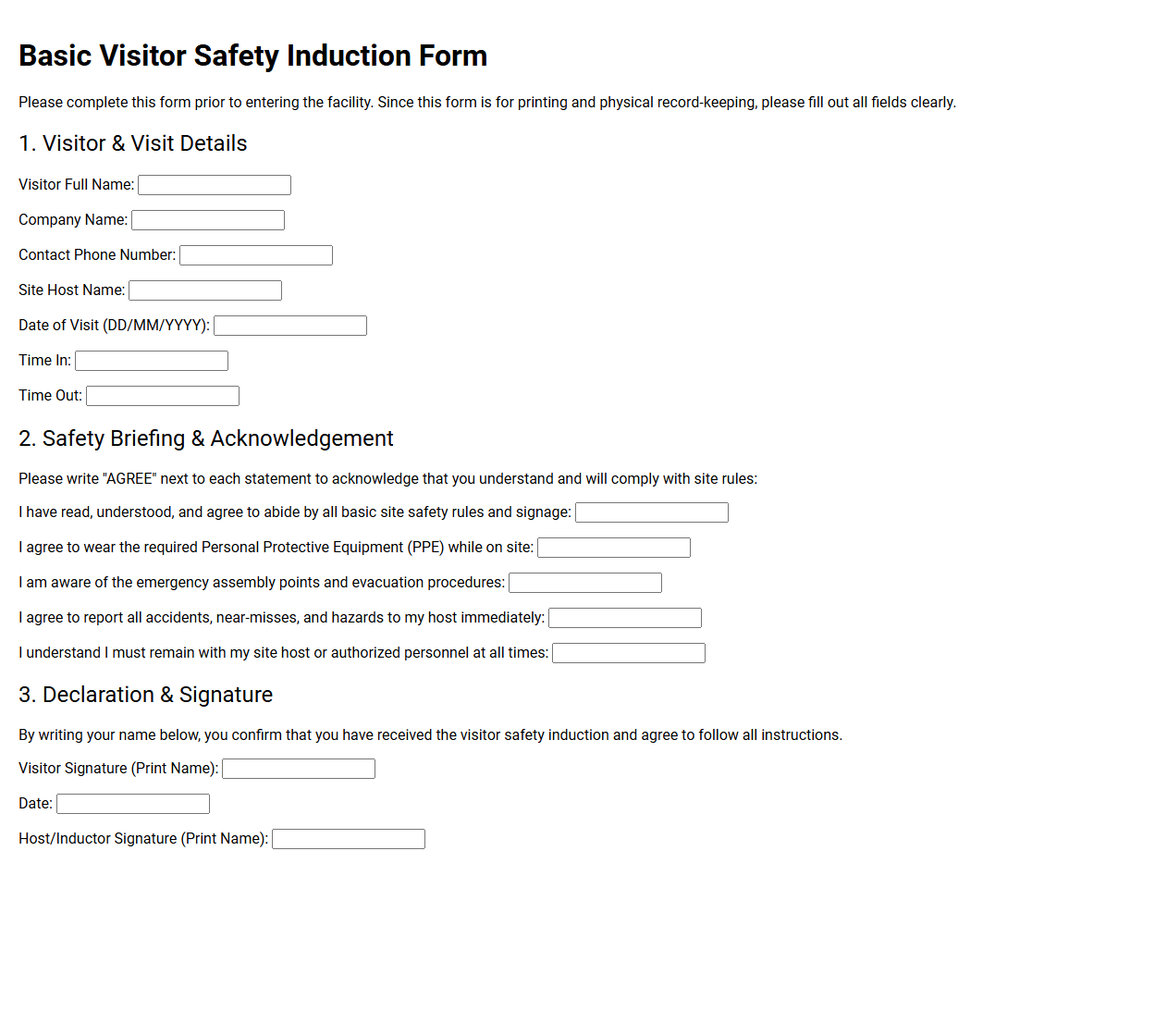 Basic Visitor Safety Induction Form