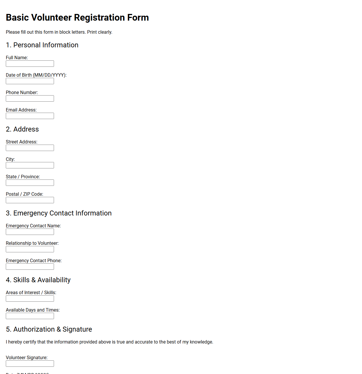 Basic Volunteer Registration Form