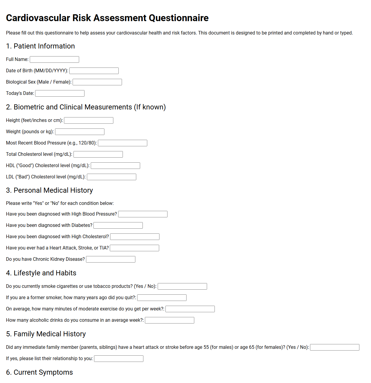 Cardiovascular Risk Assessment Questionnaire