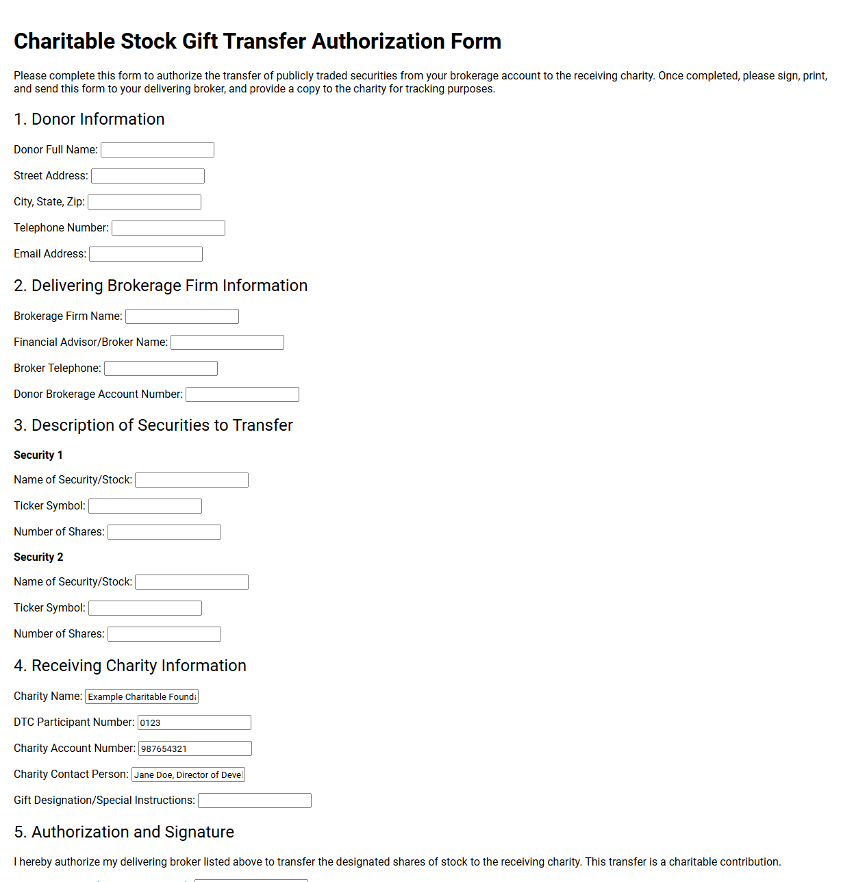 Charitable Stock Gift Transfer Authorization Form