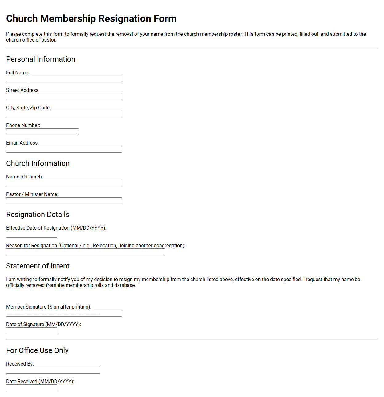 Church Membership Resignation Form Template
