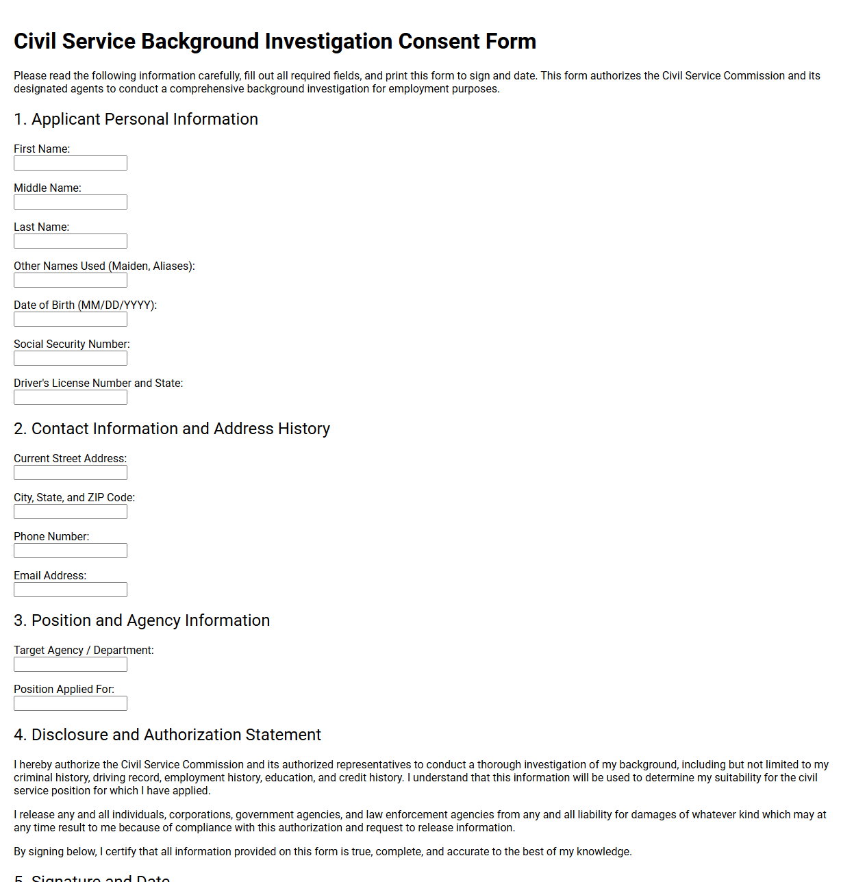 Civil Service Background Investigation Consent Form