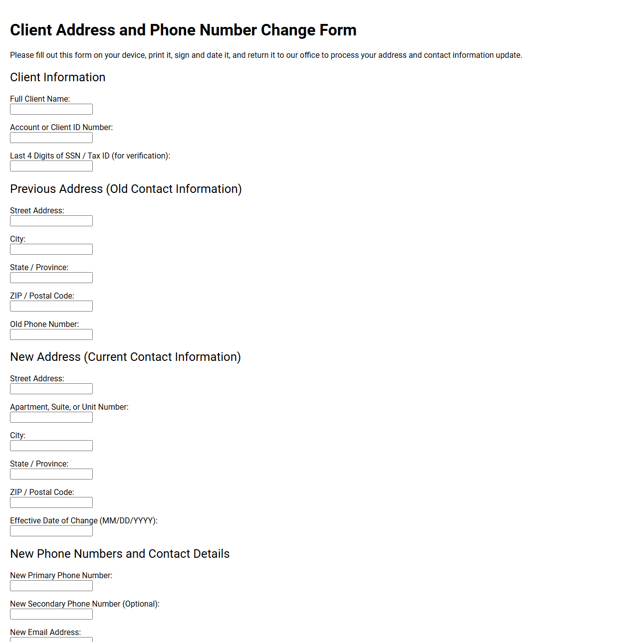 Client Address and Phone Number Change Form
