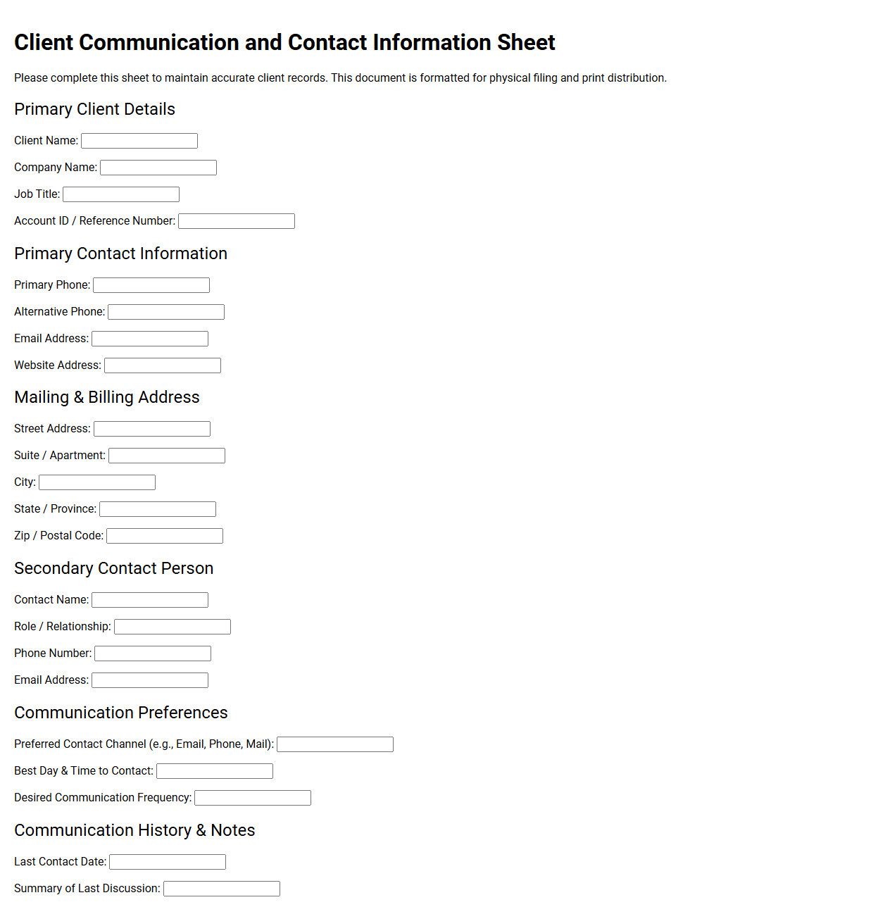 Client Communication and Contact Information Sheet