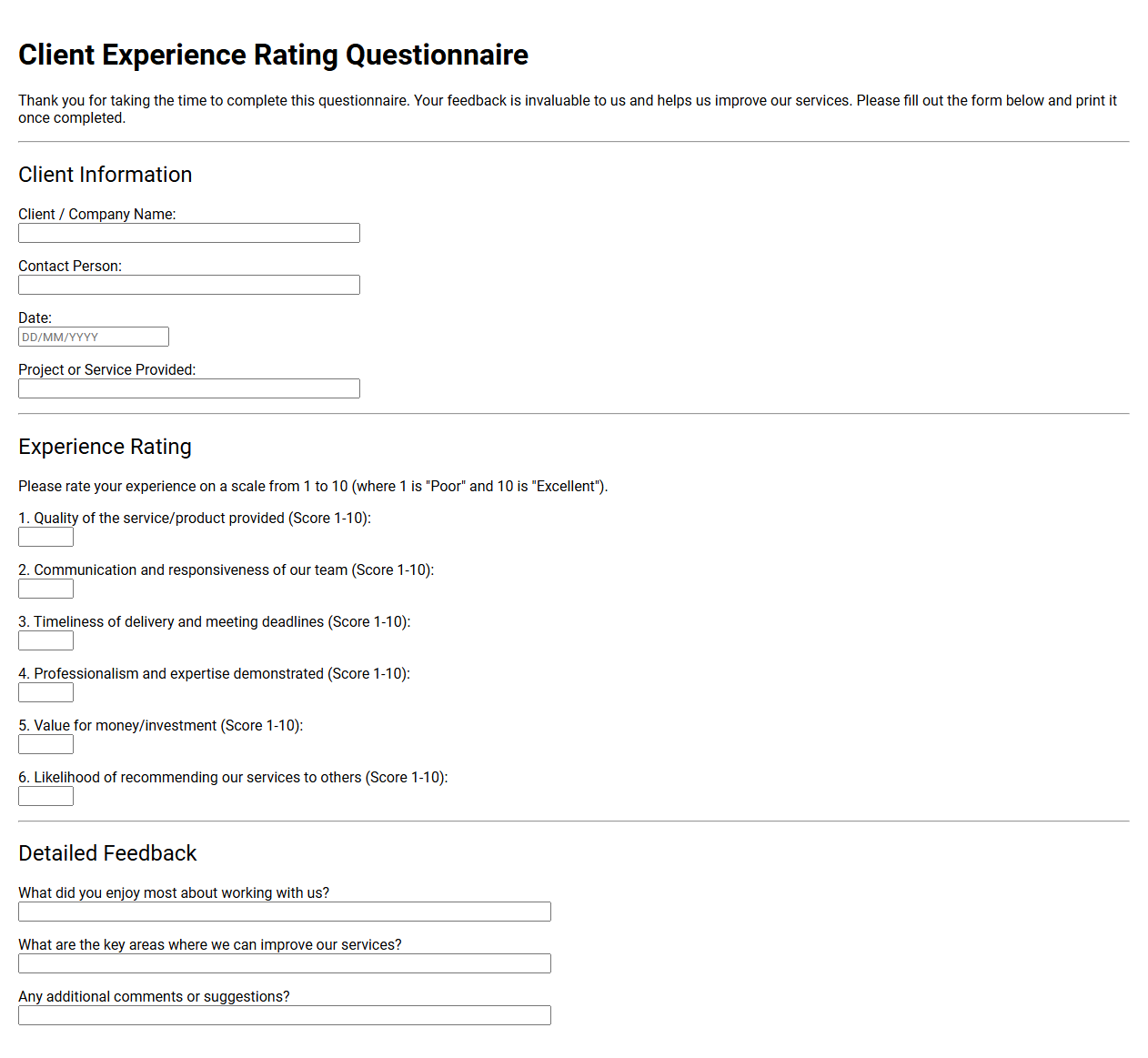 Client Experience Rating Questionnaire