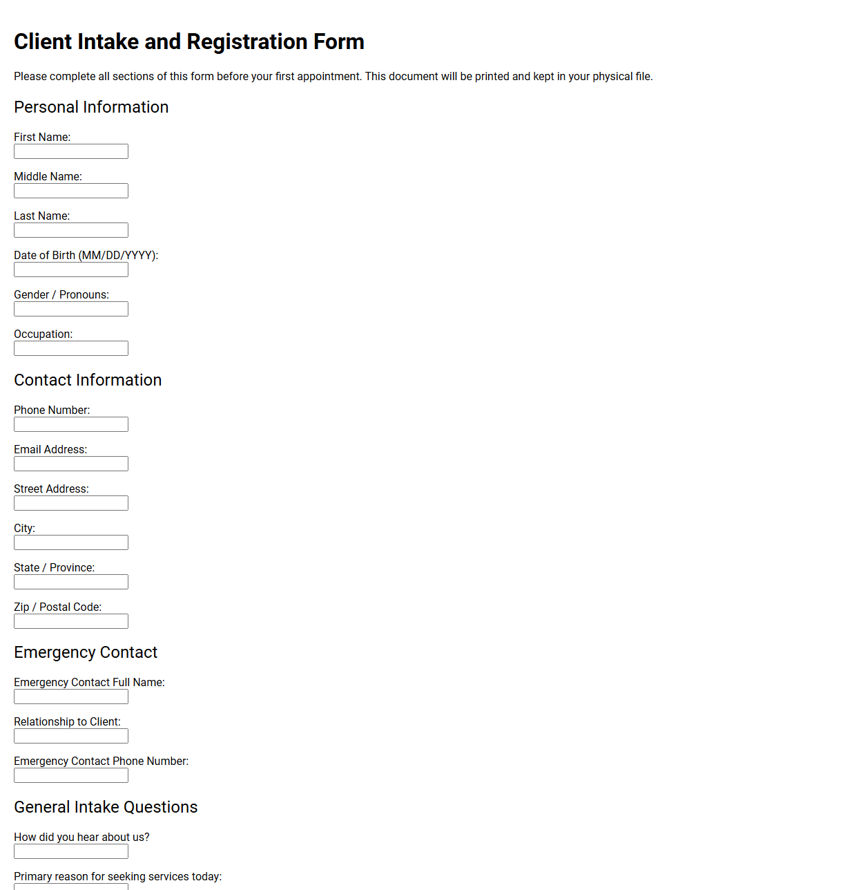Client Intake and Registration Form