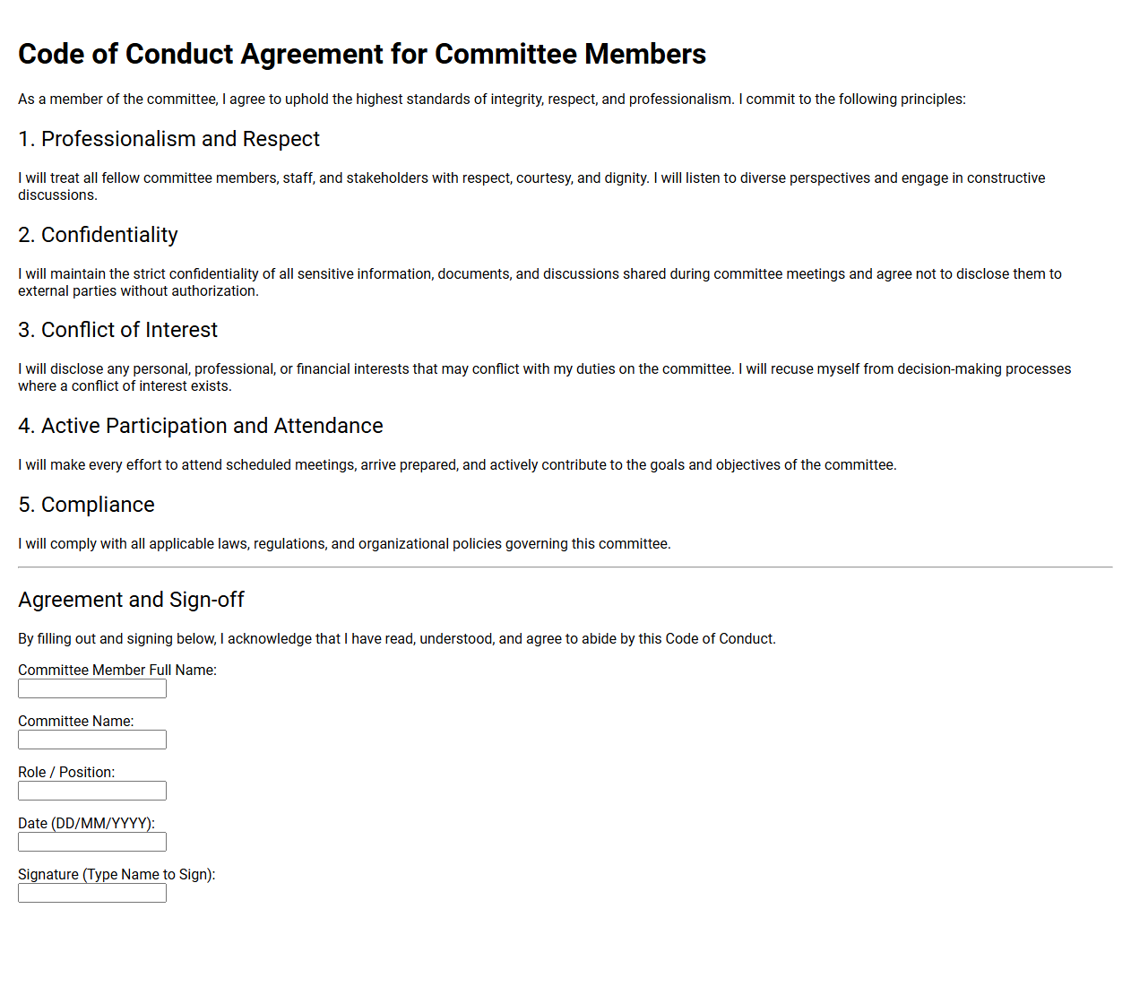 Code of Conduct Agreement for Committee Members