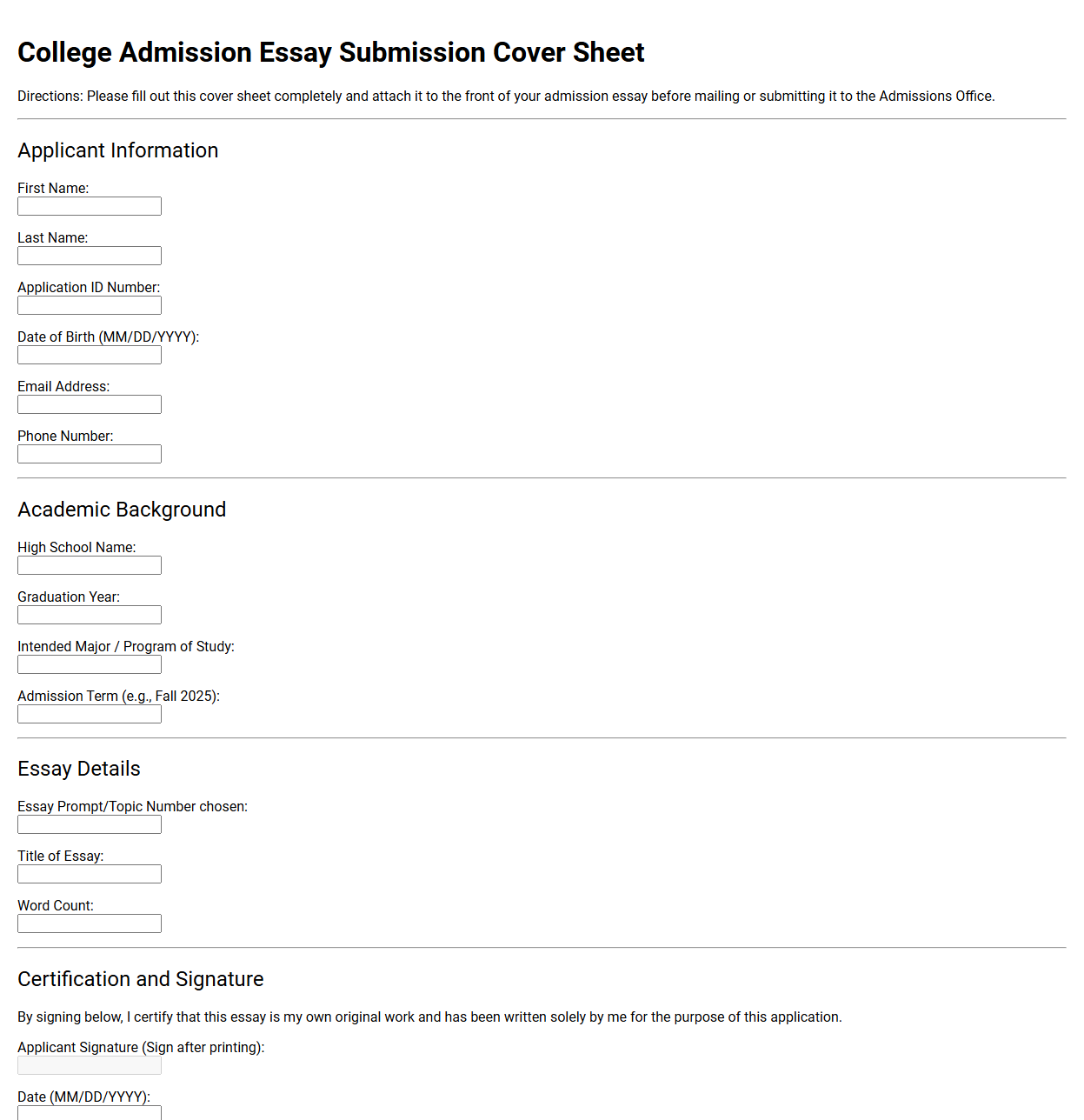 College Admission Essay Submission Cover Sheet