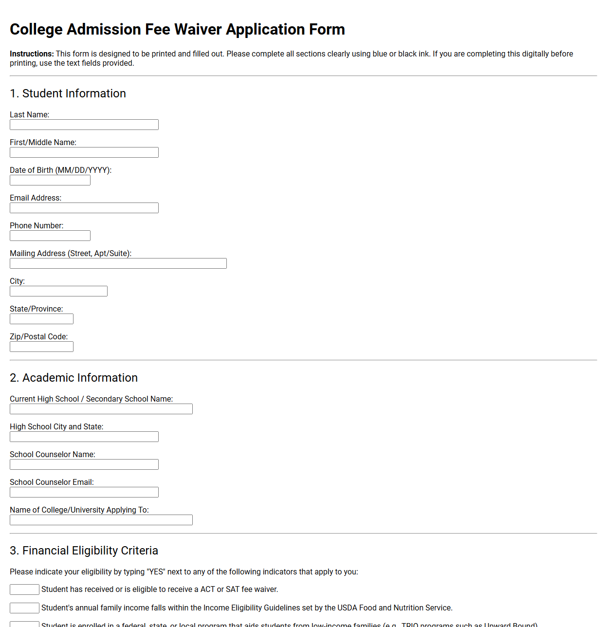 College Admission Fee Waiver Application Form