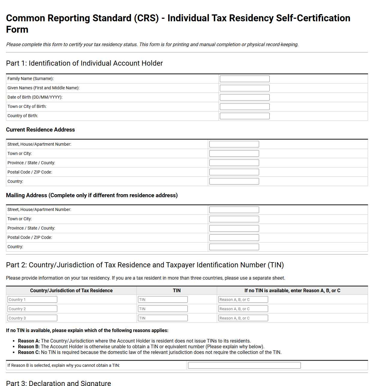 Common Reporting Standard CRS Residency Form