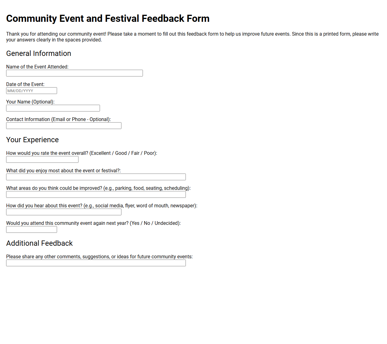 Community Event and Festival Feedback Form