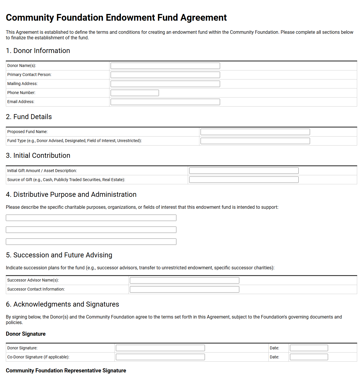 Community Foundation Endowment Fund Agreement Form