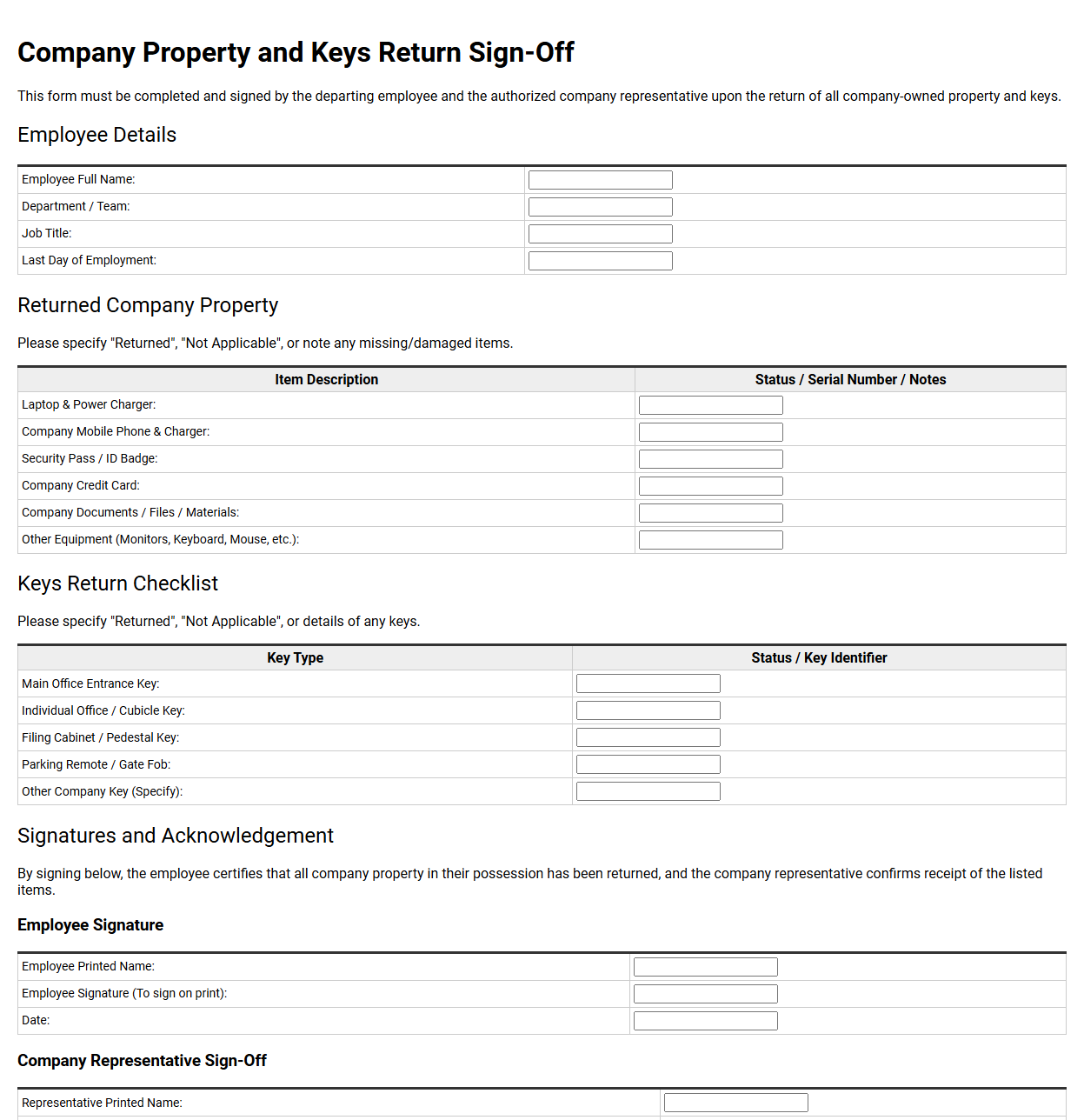 Company Property and Keys Return Sign-Off