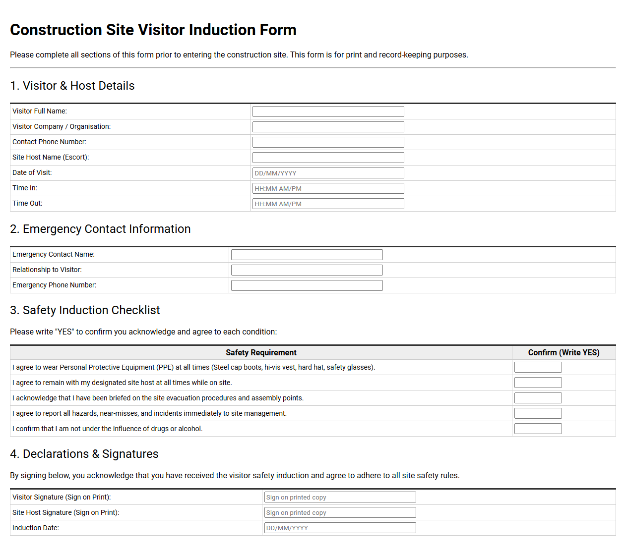 Construction Site Visitor Induction Form