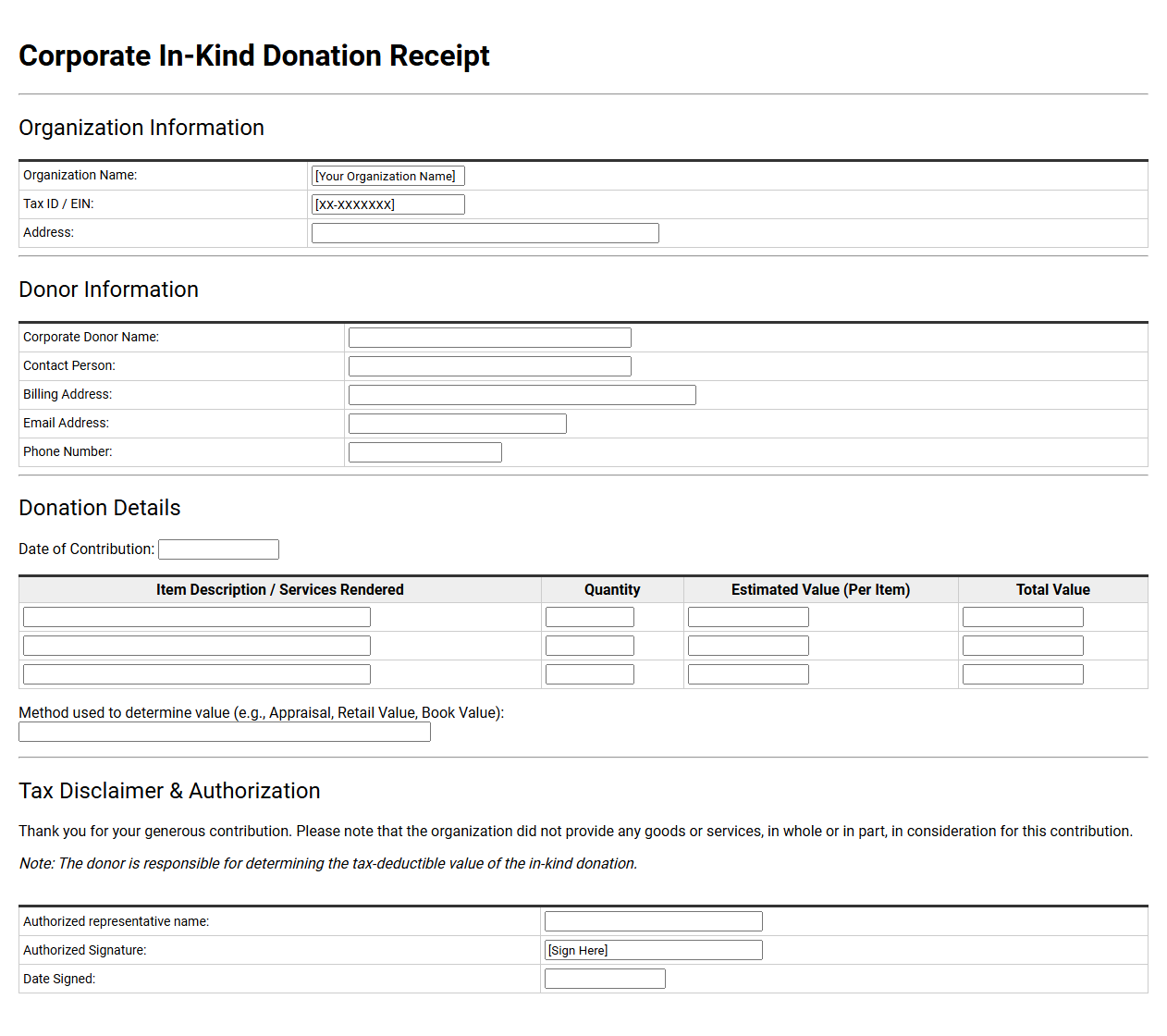 Corporate In-Kind Donation Receipt Form