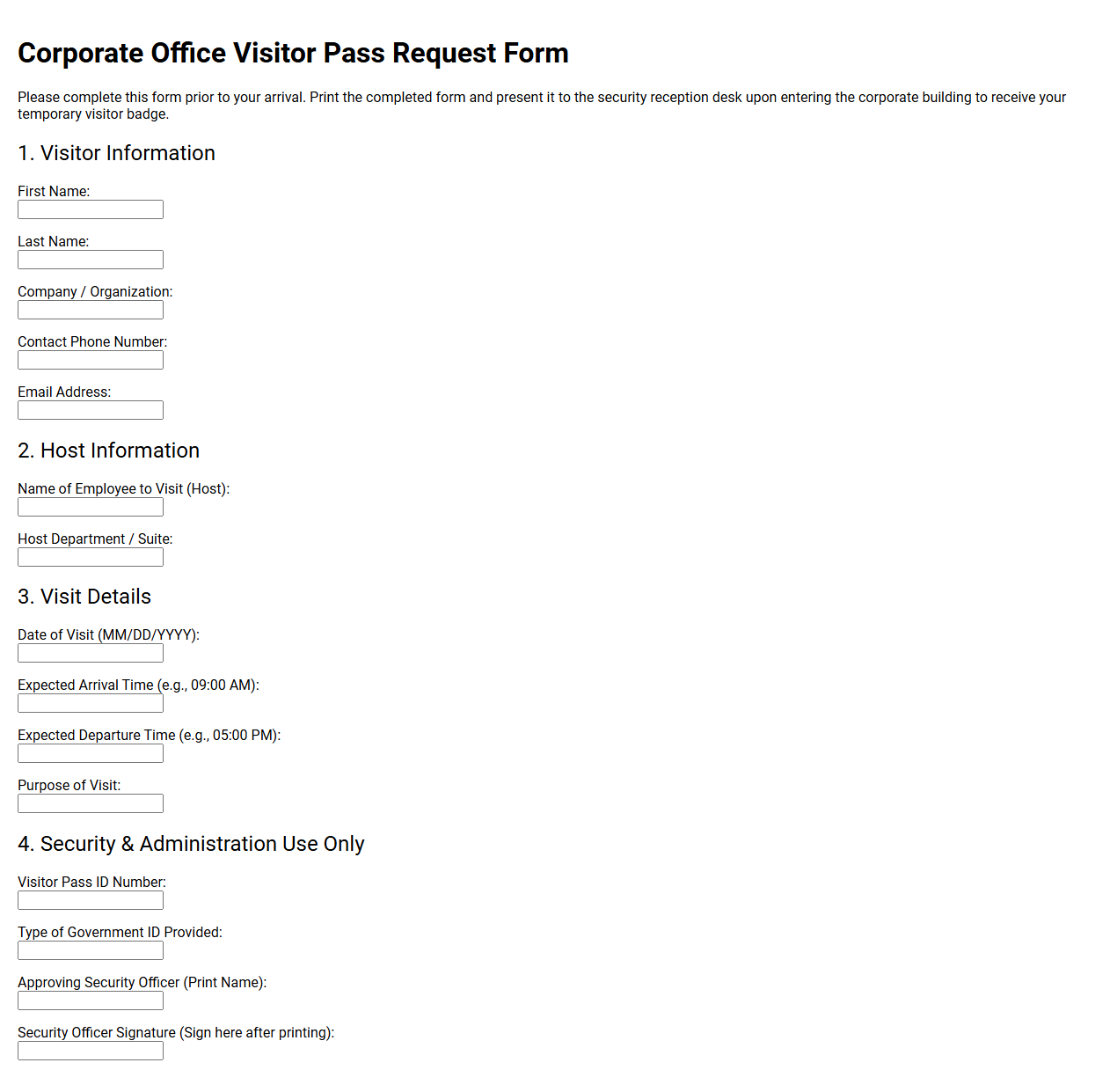 Corporate Office Visitor Pass Request Form