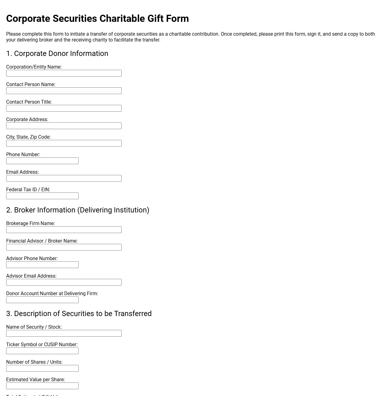 Corporate Securities Charitable Gift Form