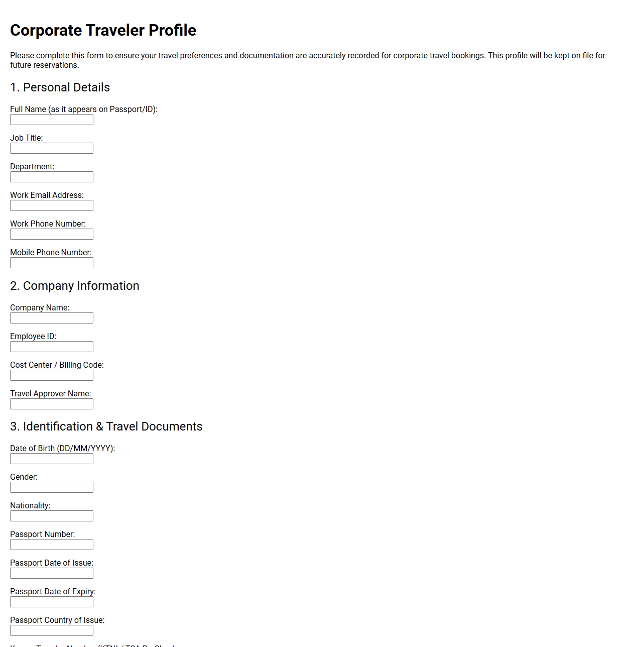 Corporate Traveler Profile Template
