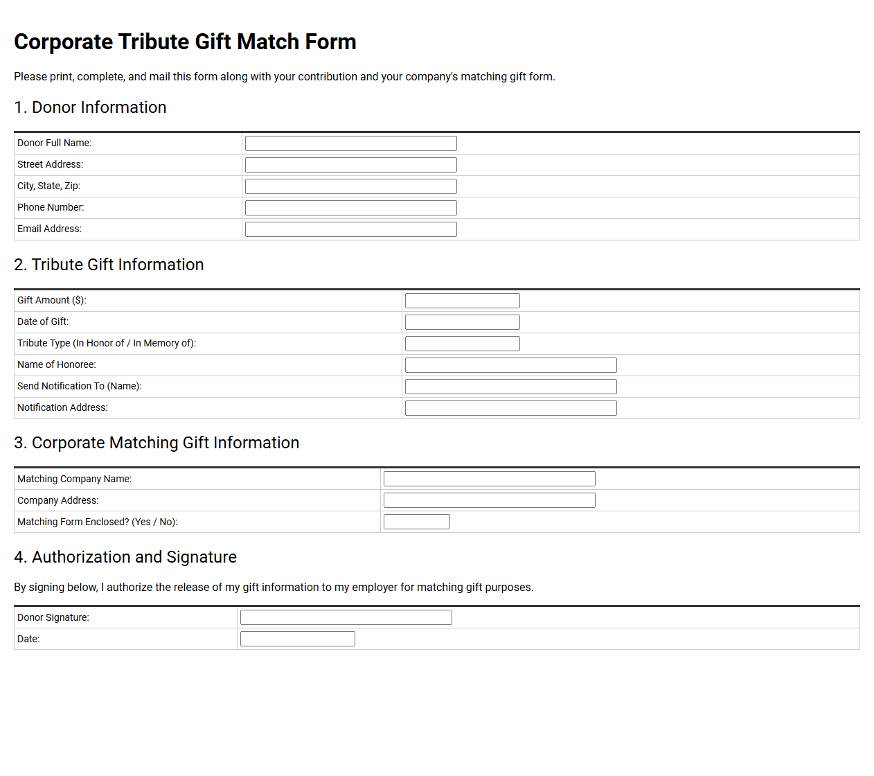 Corporate Tribute Gift Match Form