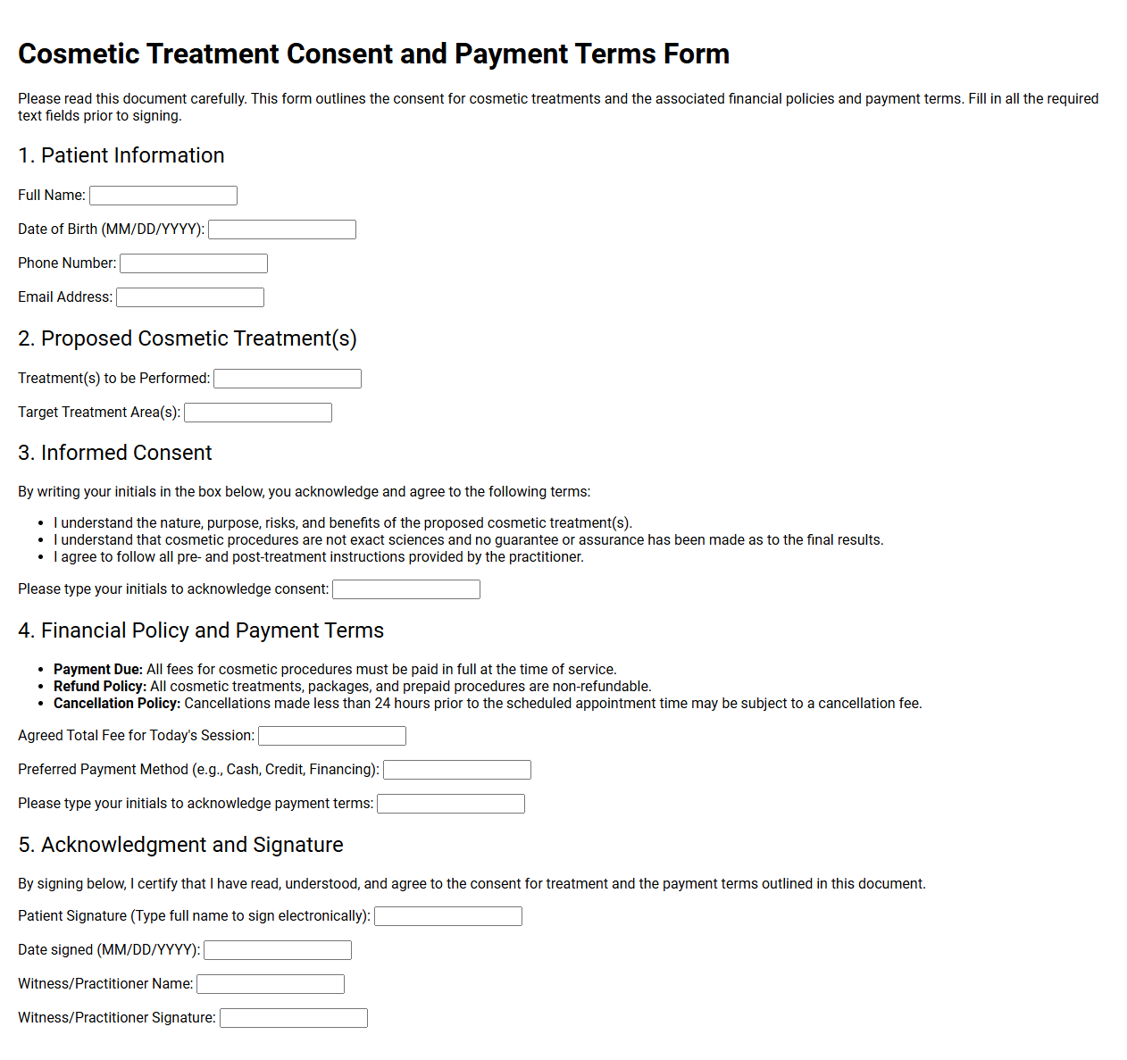 Cosmetic Treatment Consent and Payment Terms Form
