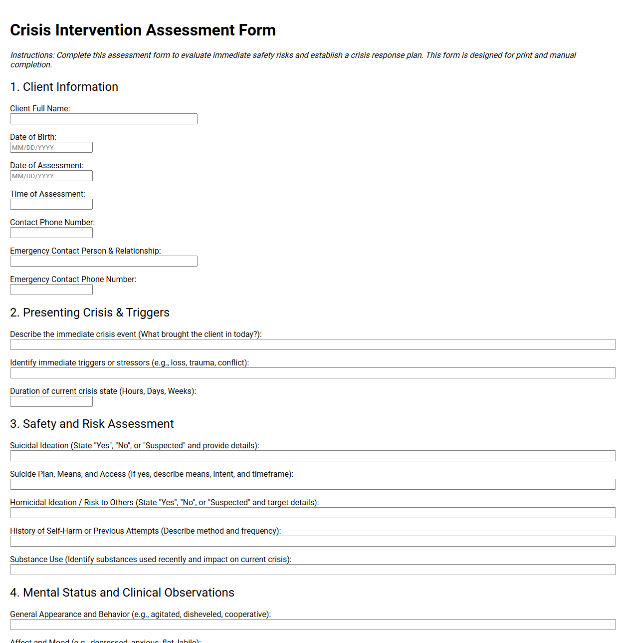 Crisis Intervention Assessment Form