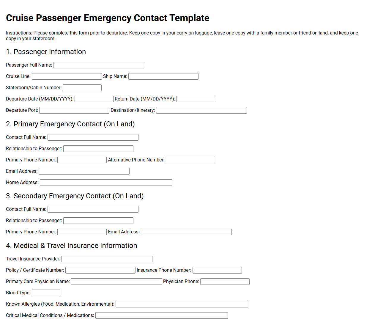 Cruise Passenger Emergency Contact Template