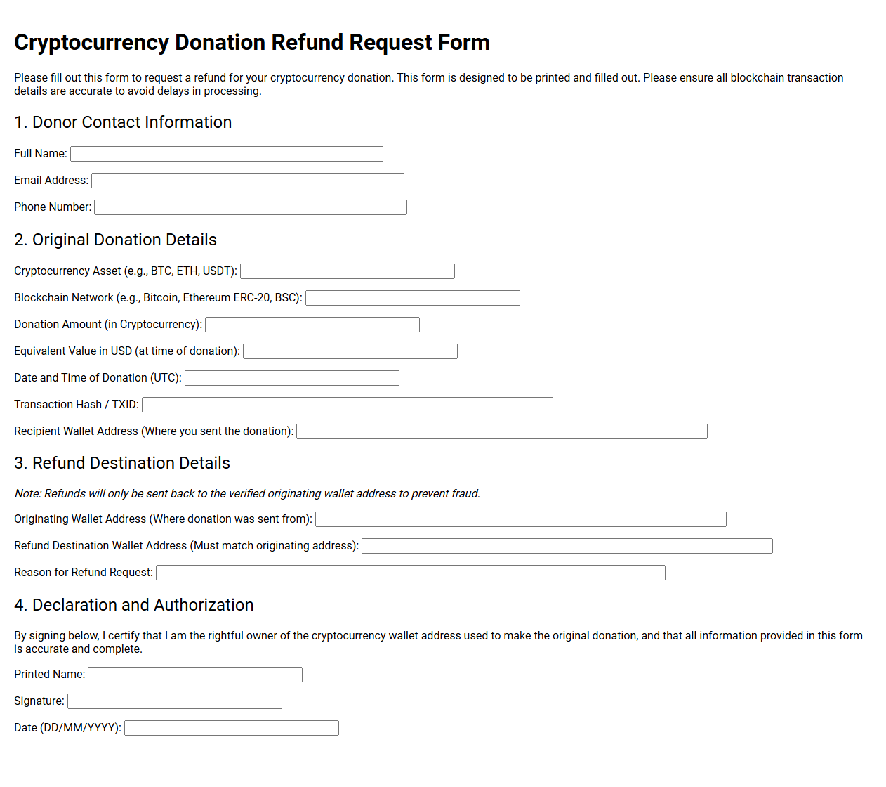 Cryptocurrency Donation Refund Request Form